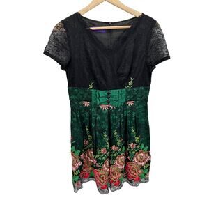 Red Lady Womens Black Green Floral Lace Embroidery Short Sleeve Mini Dress Small